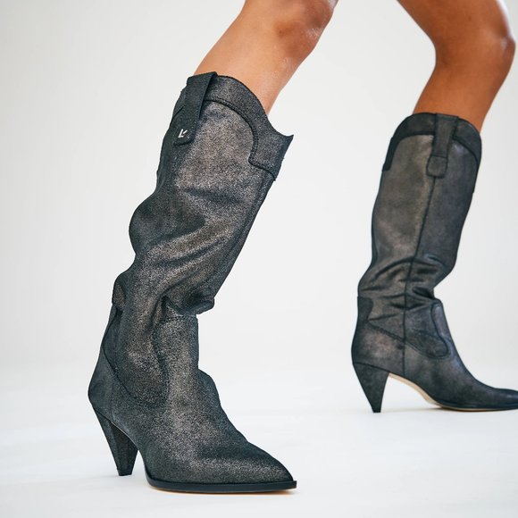 LARROUDE Louise Cowboy BOOTS Size 8 Shine Graphite Metallic Suede Leather $495 - Picture 3 of 15